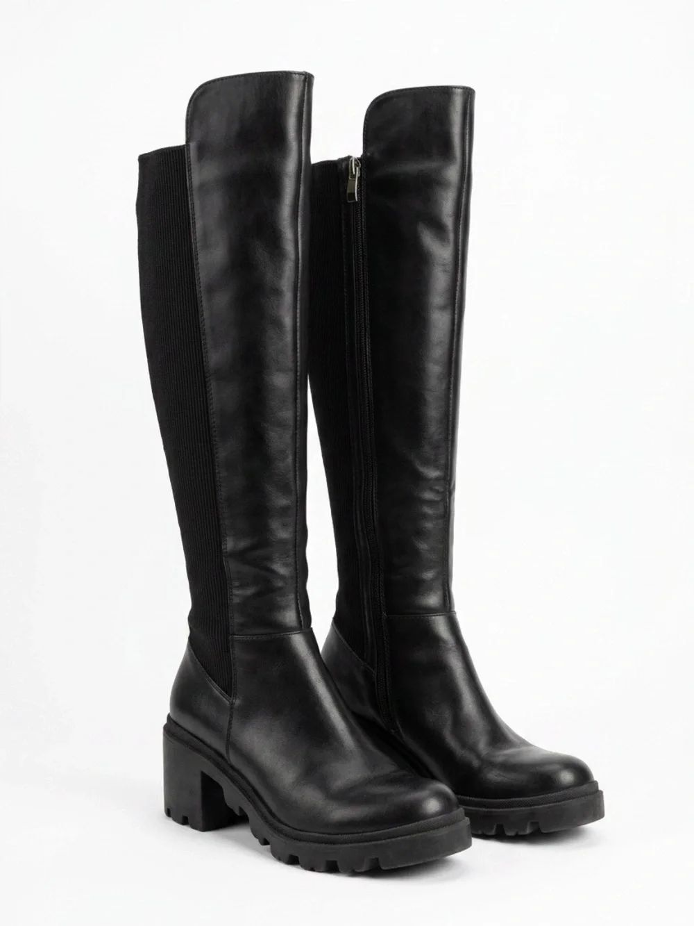 Black Knee-High Chunky Heel Boots - Women